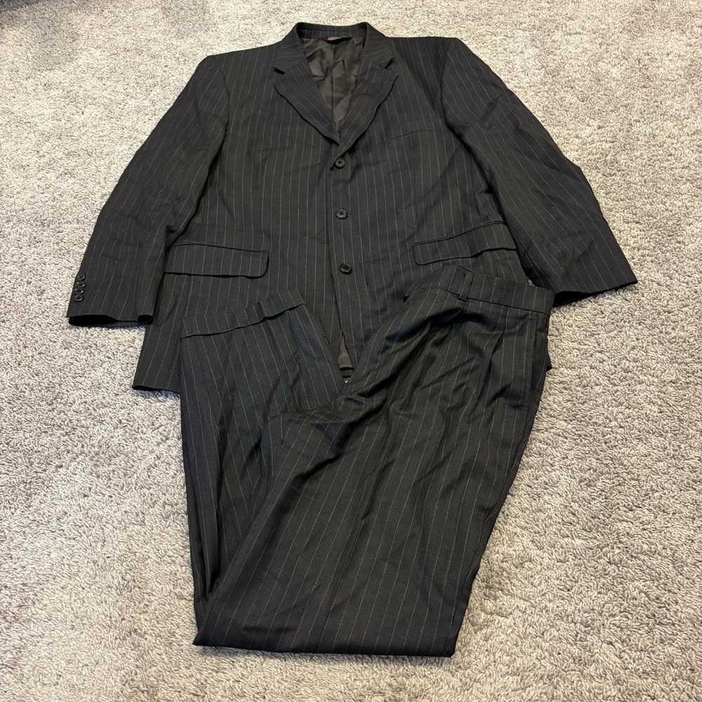 Stafford 42R 34x30 Gray Flannel 100% Wool Pin Striped Mens Jacket Pants Suit